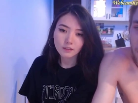 Petite asian teen chilling with white guy on webcam
